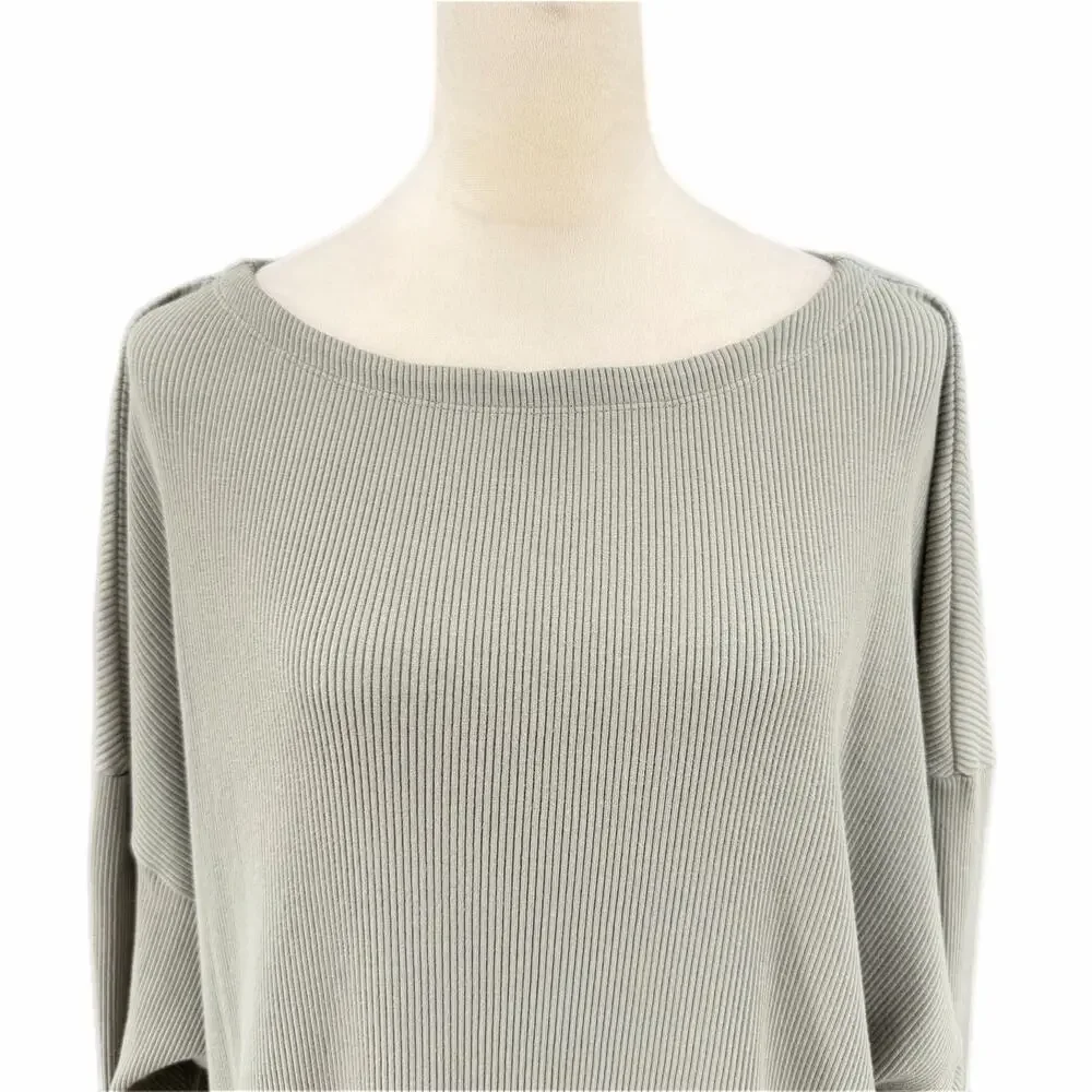 Free People Olive Green Ribbed Slouchy Flowy Hem Boho Chic Oversized Tunic Top